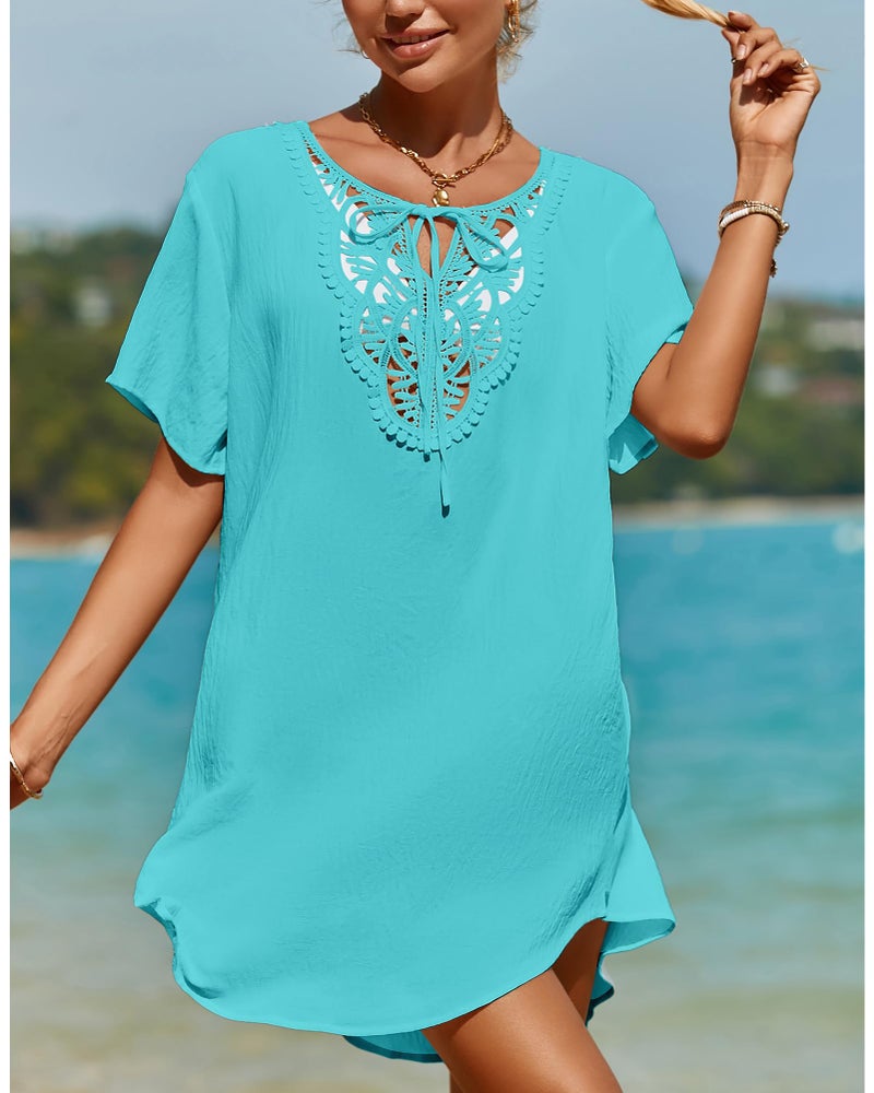 SimpleFun Cover Ups for Swimwear Women Beach Lace V Neck Swim Cover Up Bathing Suit Dress Covers Turquoise M - Image 3