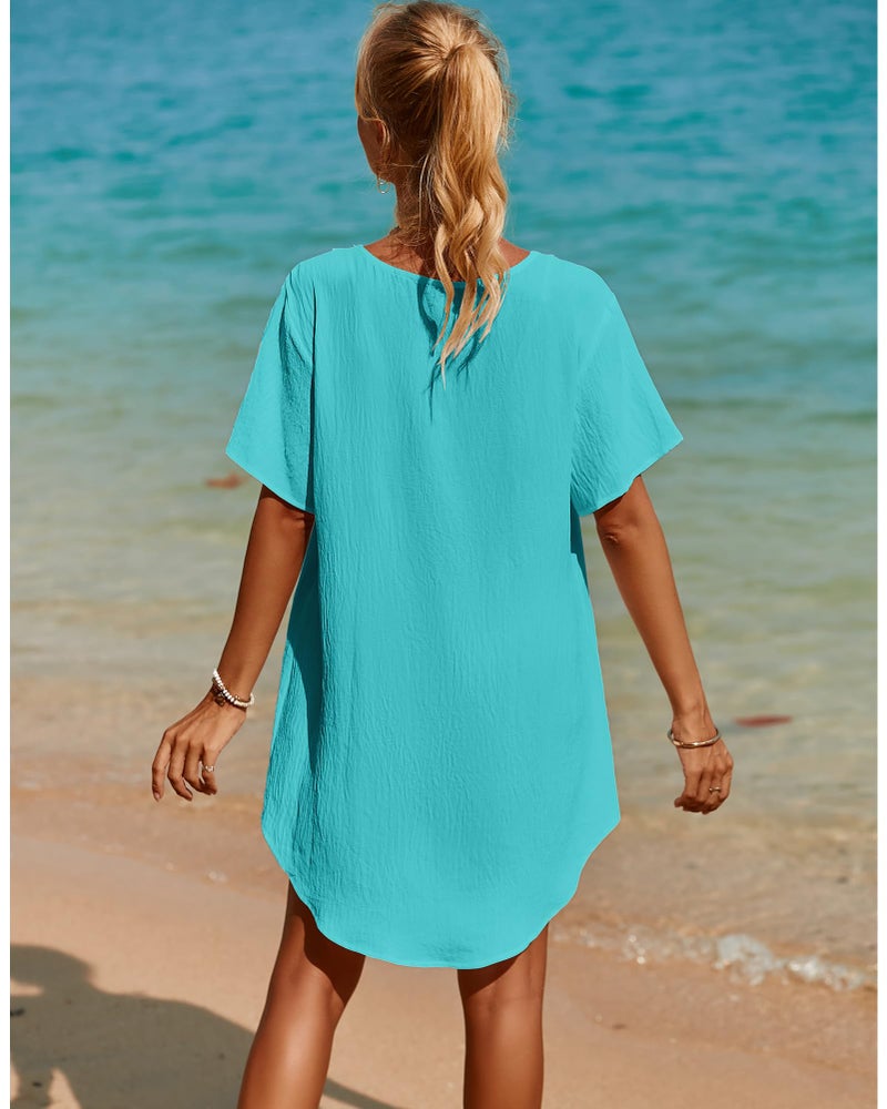 SimpleFun Cover Ups for Swimwear Women Beach Lace V Neck Swim Cover Up Bathing Suit Dress Covers Turquoise M - Image 4