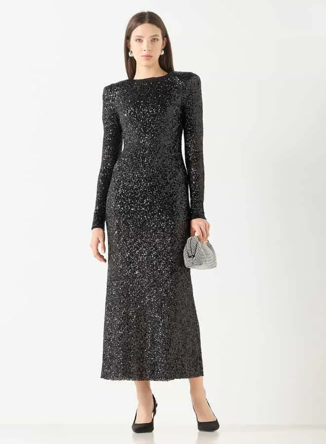 Iconic Sequin Embellished Maxi Dress with Round Neck and Long Sleeves