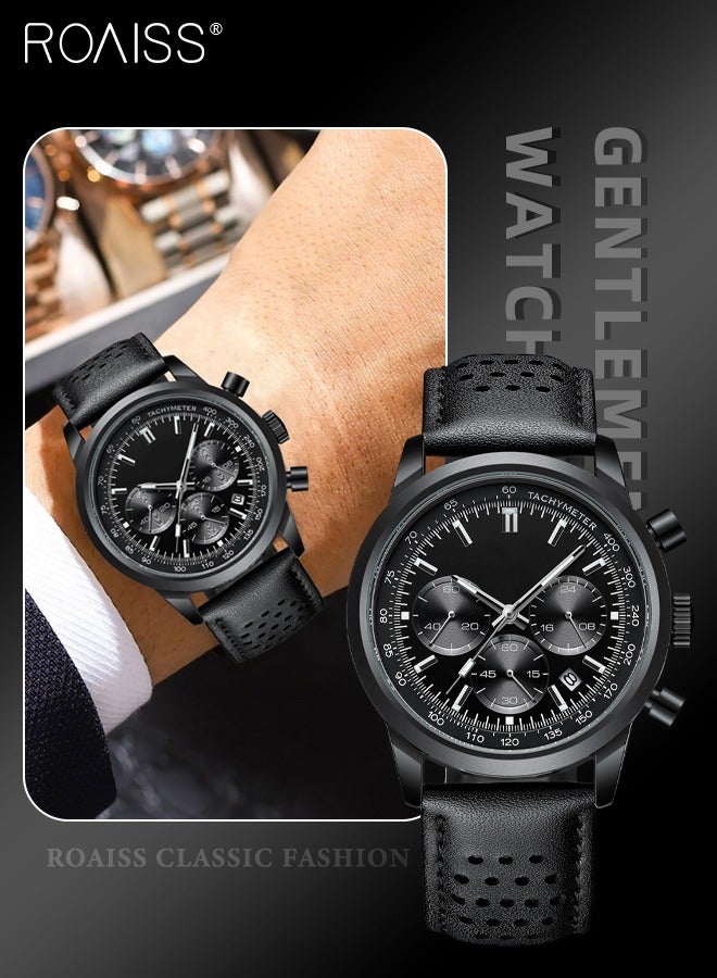 roaiss Men's Leather Strap Chronograph Quartz Watch Round Dial with Chronograph Subdials Waterproof Luminous Wristwatch as Gift for Men - Image 1