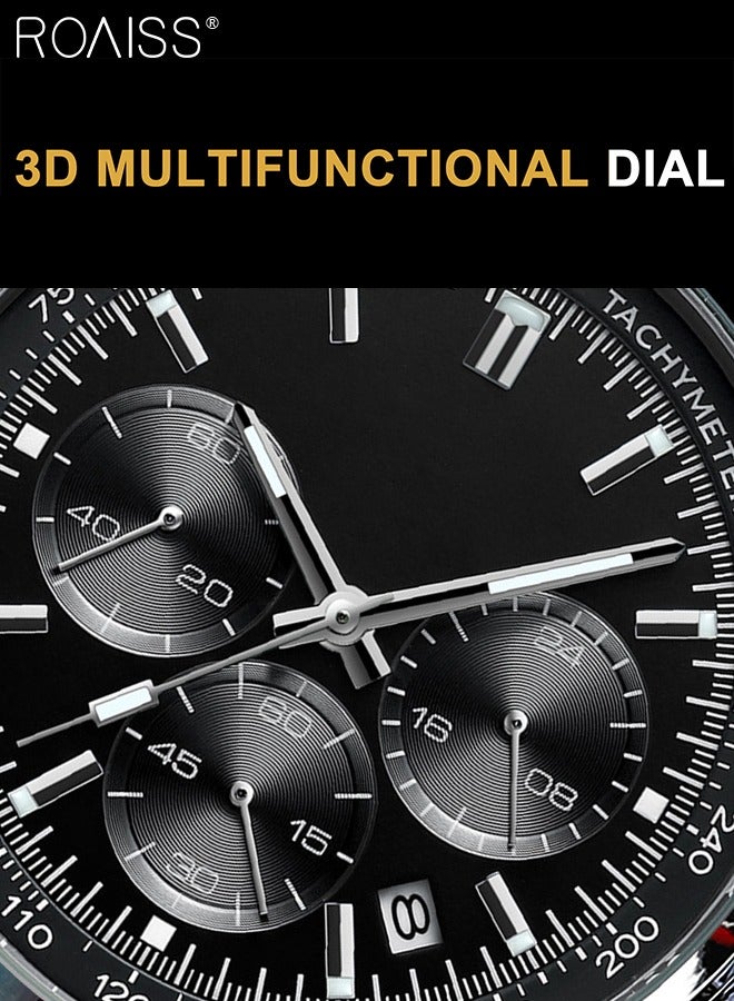 roaiss Men's Leather Strap Chronograph Quartz Watch Round Dial with Chronograph Subdials Waterproof Luminous Wristwatch as Gift for Men - Image 3