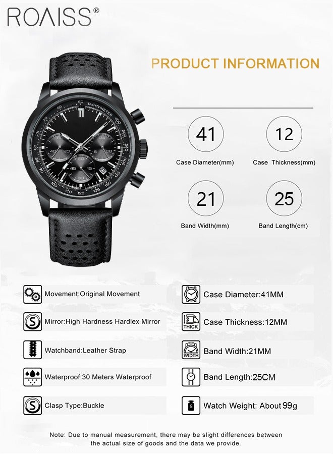 roaiss Men's Leather Strap Chronograph Quartz Watch Round Dial with Chronograph Subdials Waterproof Luminous Wristwatch as Gift for Men - Image 4