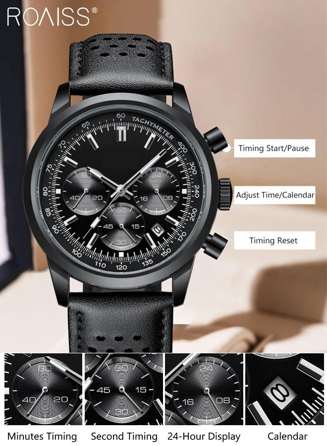 roaiss Men's Leather Strap Chronograph Quartz Watch Round Dial with Chronograph Subdials Waterproof Luminous Wristwatch as Gift for Men - Image 5