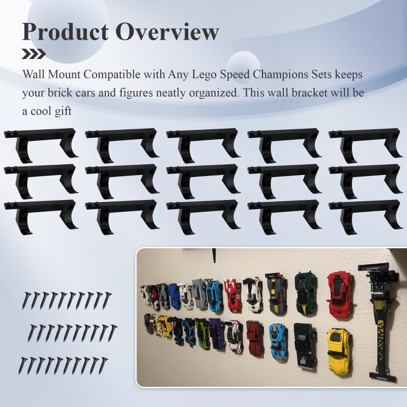 WFCYX 15 Pcs Wall Mount Fit for Any Lego Speed Champions Sets, Wall Bracket for Lego Speed of Champions Brick Cars with a Base for The Pilot/Figure, Display Collectible Cars by Wheels on Wall, Black - Image 2