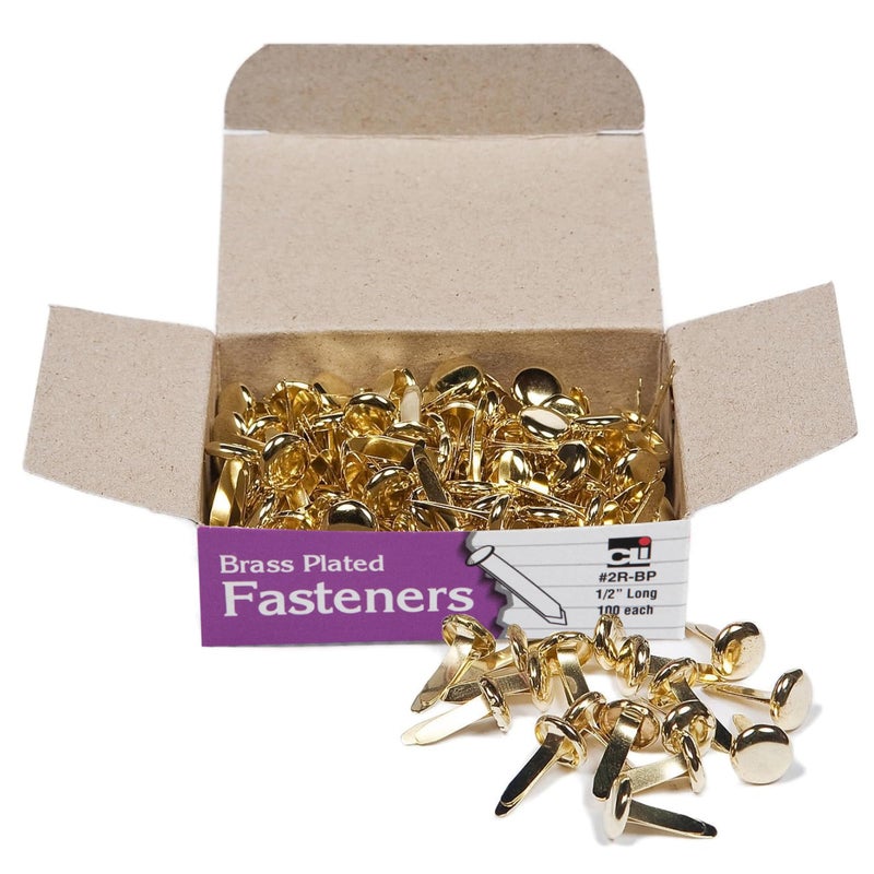 Charles Leonard Fasteners, Round Head, Brass Plated, 1/2 Inch Shank, 8 MM Head, 100-Pack (2R-BP) - Image 1