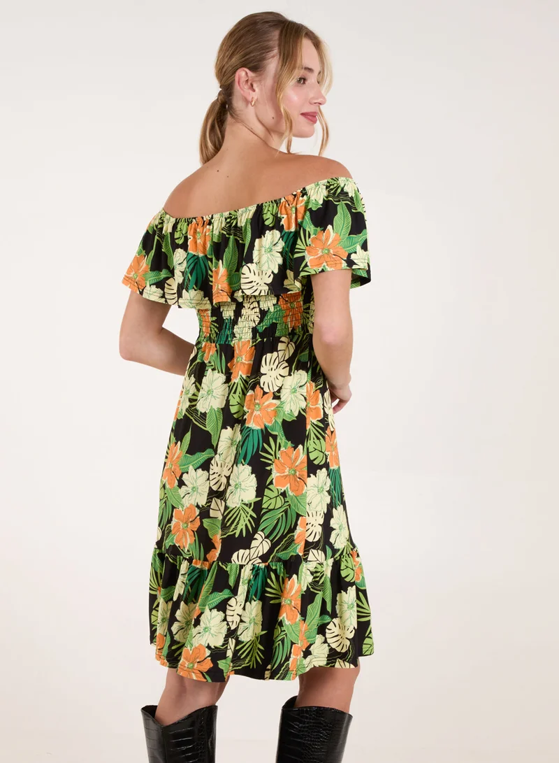 Blue Vanilla Tropical Shirred Waist Bardot Mini Dress