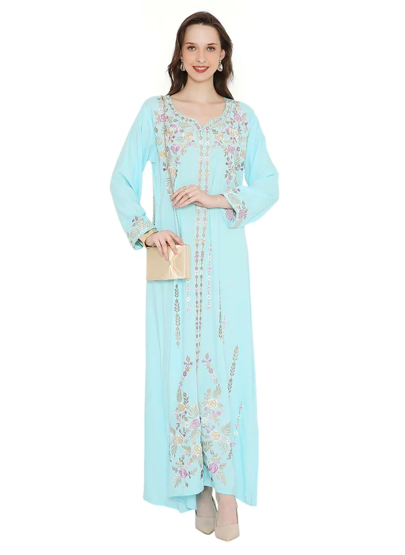 HANA & SARA BLUE COLOUR LONG VISCOSE DRESS WITH FLORAL EMBROIDERY ELEGANT ARABIC KAFTAN JALABIYA DRESS