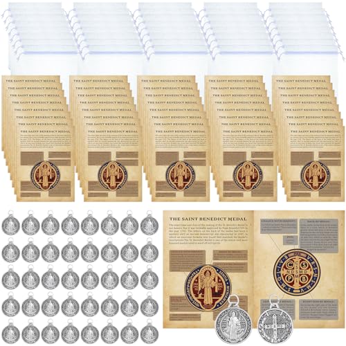 Remuuly 120 Pieces Medals Prayer Card Set, 3/4 Inch Round Silver Oxidized Medals for Necklace Holy Prayer Cards Bags for Catholic Women Men Jewelry Making (St Benedict) - Image 1