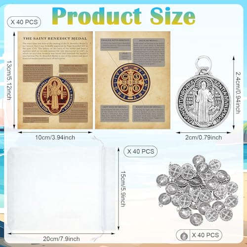 Remuuly 120 Pieces Medals Prayer Card Set, 3/4 Inch Round Silver Oxidized Medals for Necklace Holy Prayer Cards Bags for Catholic Women Men Jewelry Making (St Benedict) - Image 2