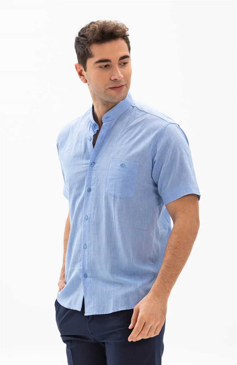 Eliş Şile Bezi Short Sleeve Şile Cloth Classic Collar Single Pocket Men's Shirt Blue 3032
