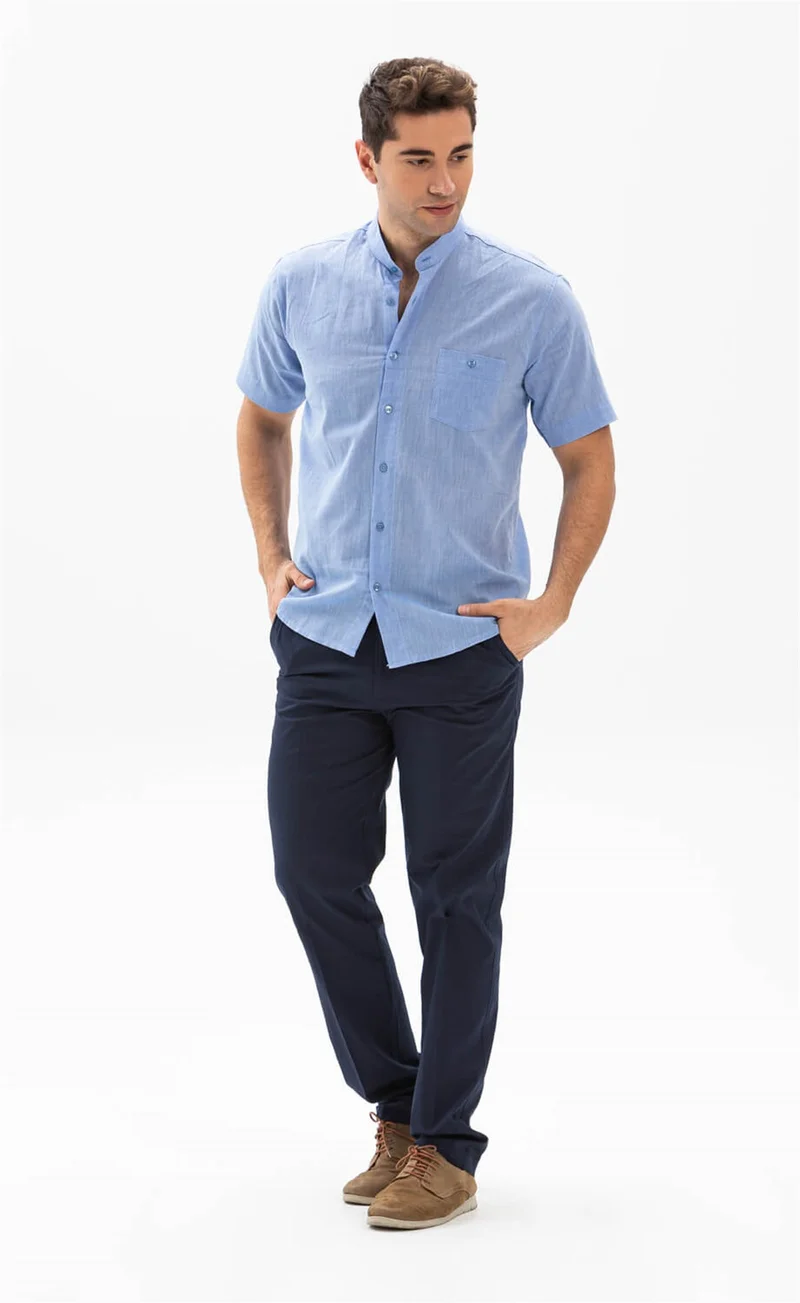 Eliş Şile Bezi Short Sleeve Şile Cloth Classic Collar Single Pocket Men's Shirt Blue 3032