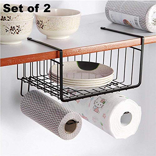Styleys Multifunctional Cast Iron Kitchen Under Cabinet Shelf Basket Wire Rack Organizer Storage with Tissue Holder, S11088, Black, Pack of 2 - Image 2