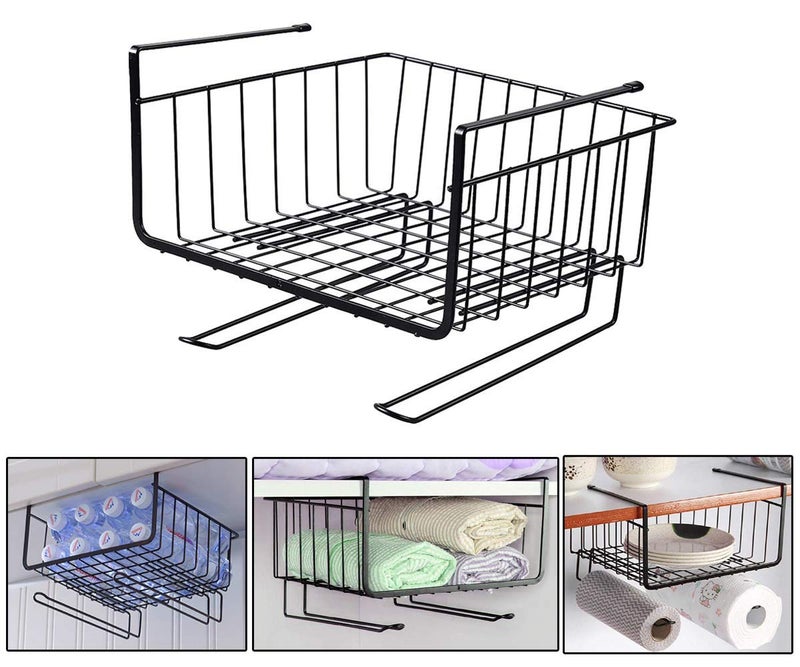Styleys Multifunctional Cast Iron Kitchen Under Cabinet Shelf Basket Wire Rack Organizer Storage with Tissue Holder, S11088, Black, Pack of 2 - Image 3