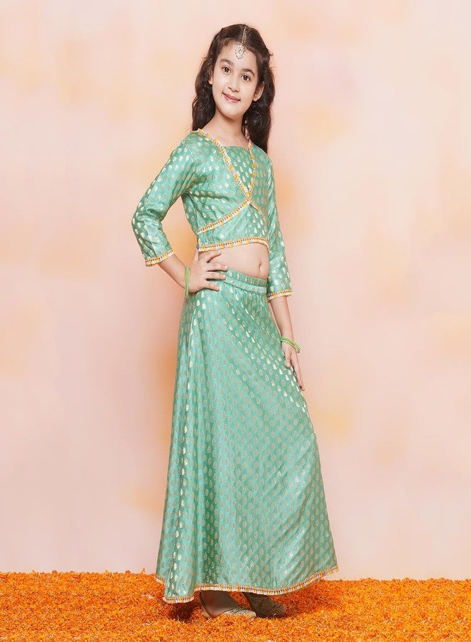 AJ DEZINES Kids Ethnic Wear Jacquard Brasso Print 3/4th Sleeve Green Lehenga Choli Set For Girls (G-LH10-C-GREEN-34) - Image 5