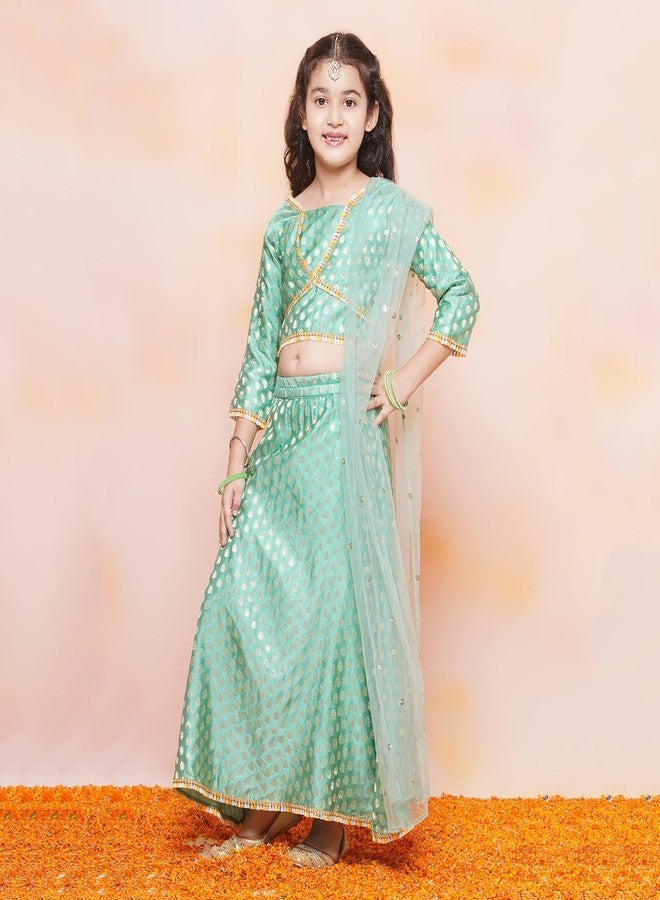 AJ DEZINES Kids Ethnic Wear Jacquard Brasso Print 3/4th Sleeve Green Lehenga Choli Set For Girls (G-LH10-C-GREEN-34) - Image 4