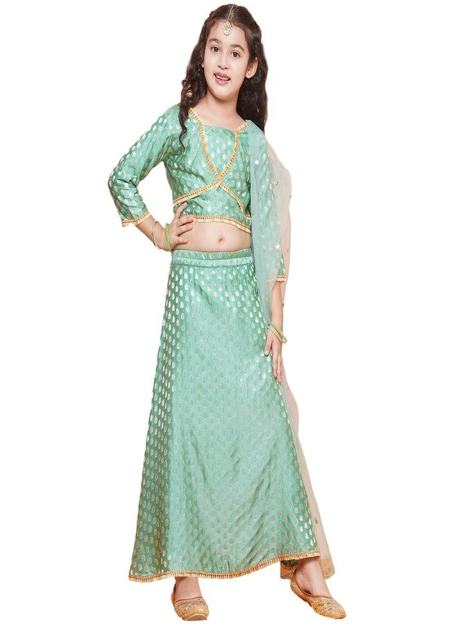 AJ DEZINES Kids Ethnic Wear Jacquard Brasso Print 3/4th Sleeve Green Lehenga Choli Set For Girls (G-LH10-C-GREEN-34) - Image 1