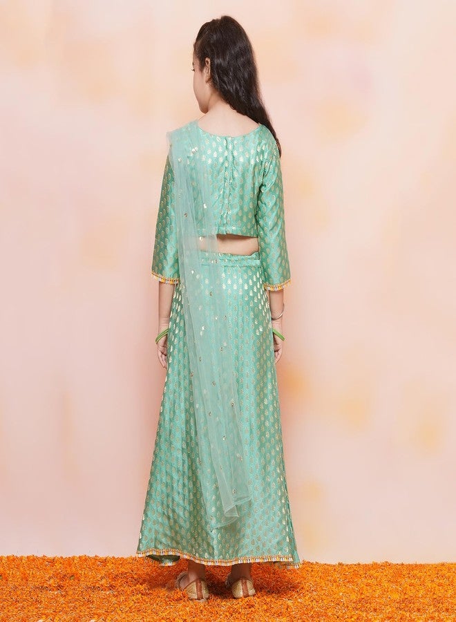 AJ DEZINES Kids Ethnic Wear Jacquard Brasso Print 3/4th Sleeve Green Lehenga Choli Set For Girls (G-LH10-C-GREEN-34) - Image 2