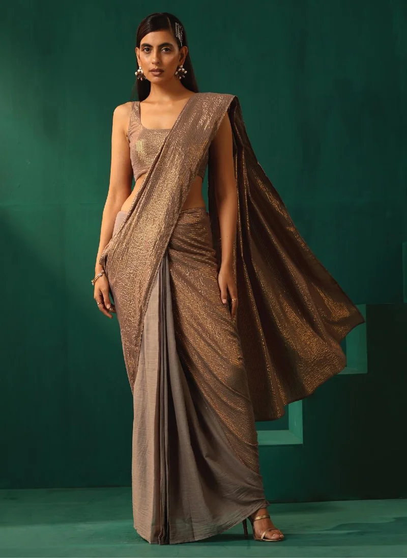 trueBrowns trueBrowns Grey Cotton Gold Striped Ready To Wear Saree