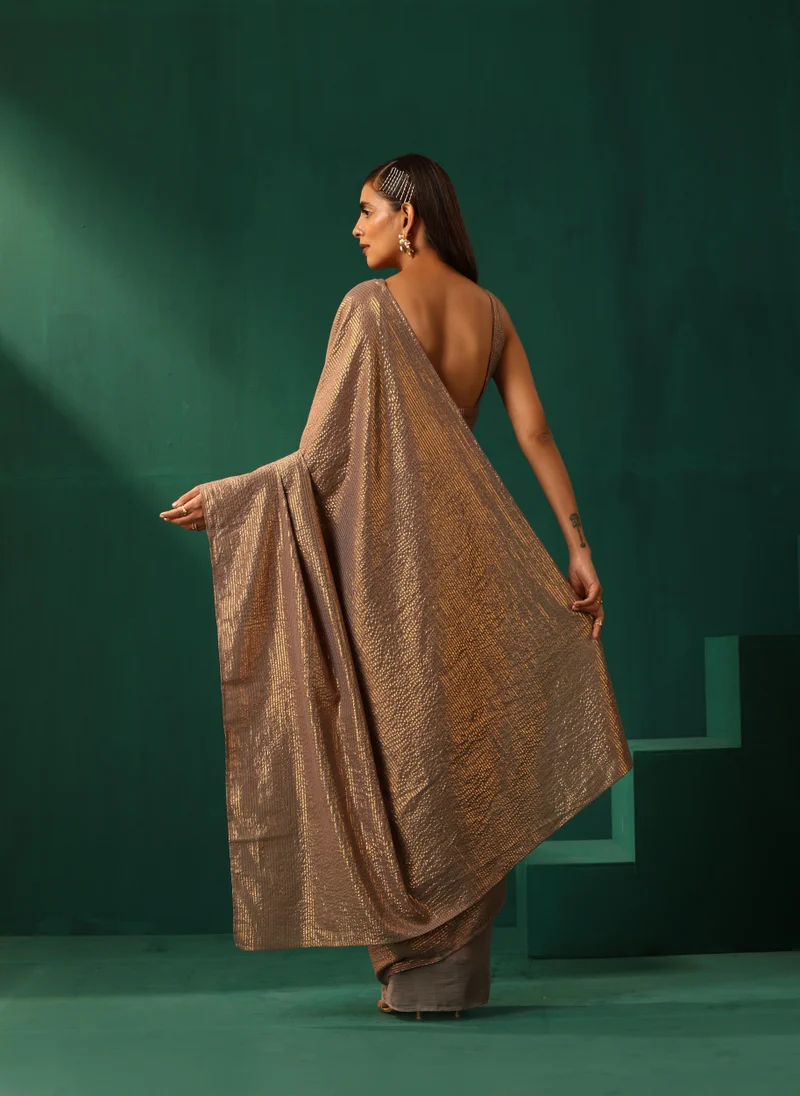 trueBrowns trueBrowns Grey Cotton Gold Striped Ready To Wear Saree