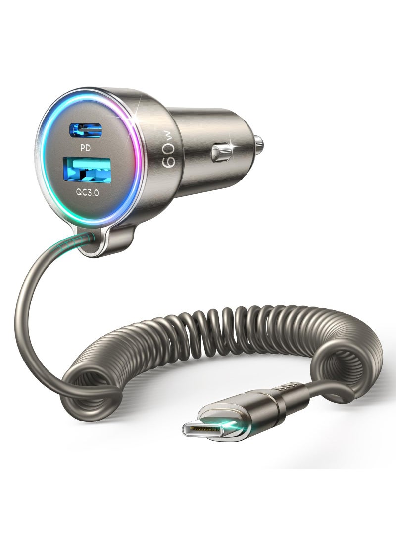 Arabest USB C 60W Car Charger for iPhone 17/16 Pro Max, PD & QC3.0 w/5 ft 36W Type C Coiled Cable, Fast Car Phone Charger Adapter for iPhone 17Air/15 Pro, Samsung Galaxy S25/S24/S23, Pixel 10/LG/Android, iPad - Image 1