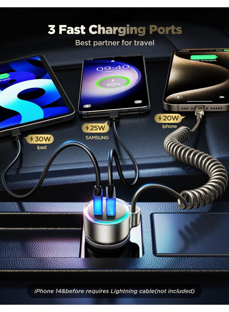 Arabest USB C 60W Car Charger for iPhone 17/16 Pro Max, PD & QC3.0 w/5 ft 36W Type C Coiled Cable, Fast Car Phone Charger Adapter for iPhone 17Air/15 Pro, Samsung Galaxy S25/S24/S23, Pixel 10/LG/Android, iPad - Image 4