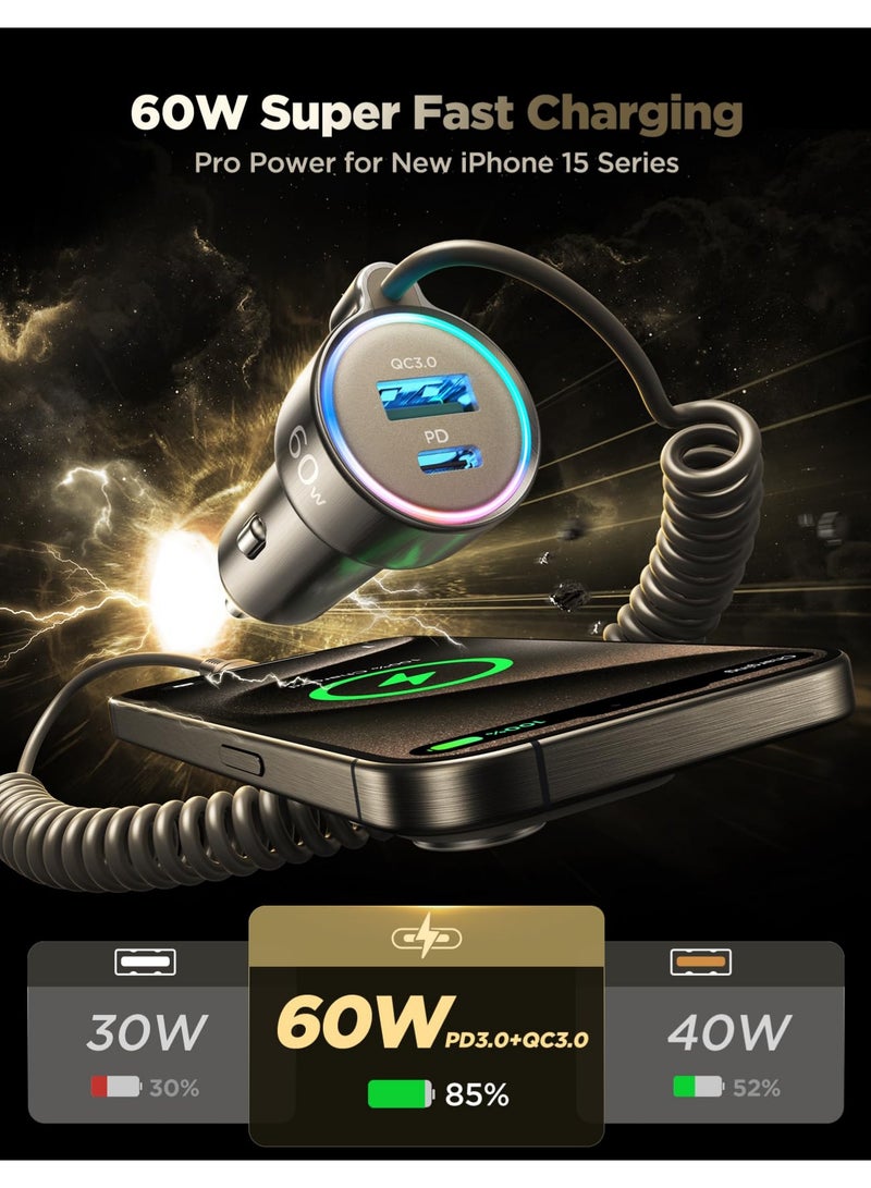 Arabest USB C 60W Car Charger for iPhone 17/16 Pro Max, PD & QC3.0 w/5 ft 36W Type C Coiled Cable, Fast Car Phone Charger Adapter for iPhone 17Air/15 Pro, Samsung Galaxy S25/S24/S23, Pixel 10/LG/Android, iPad - Image 2