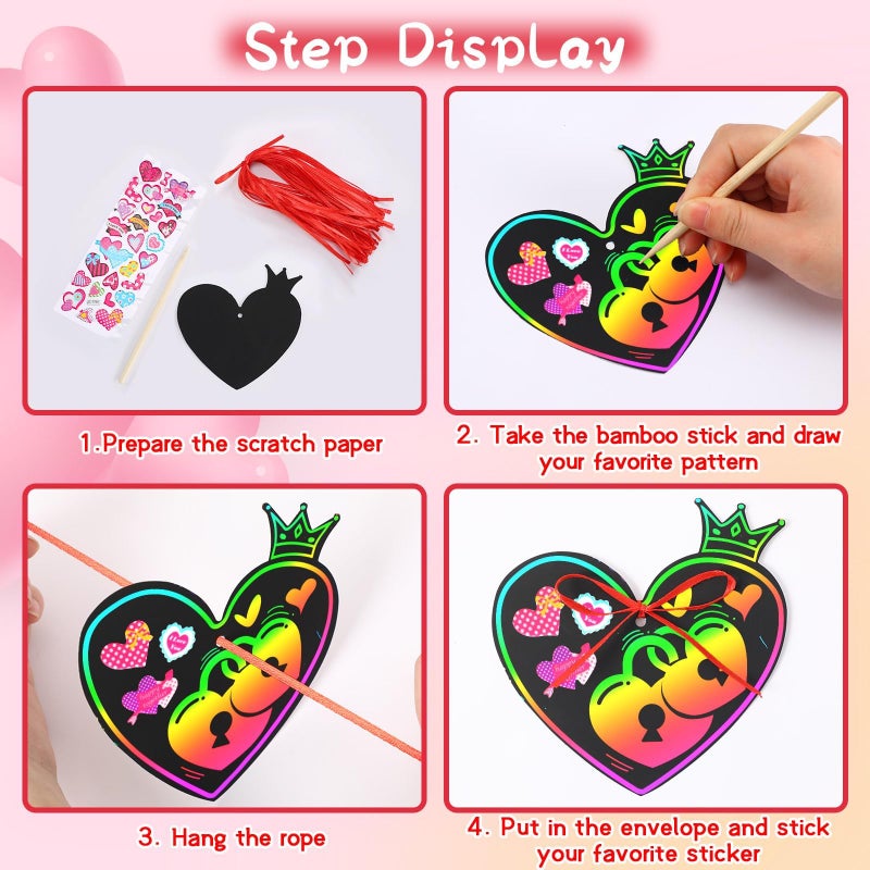 FEBSNOW Valentines Crafts for Kids, 48 PCS Heart Rainbow Magic Scratch Art Day Cards for Kids Classroom Scratch Paper Art for Valentines Day Gifts Party Favors witn Heart Stickers - Image 3