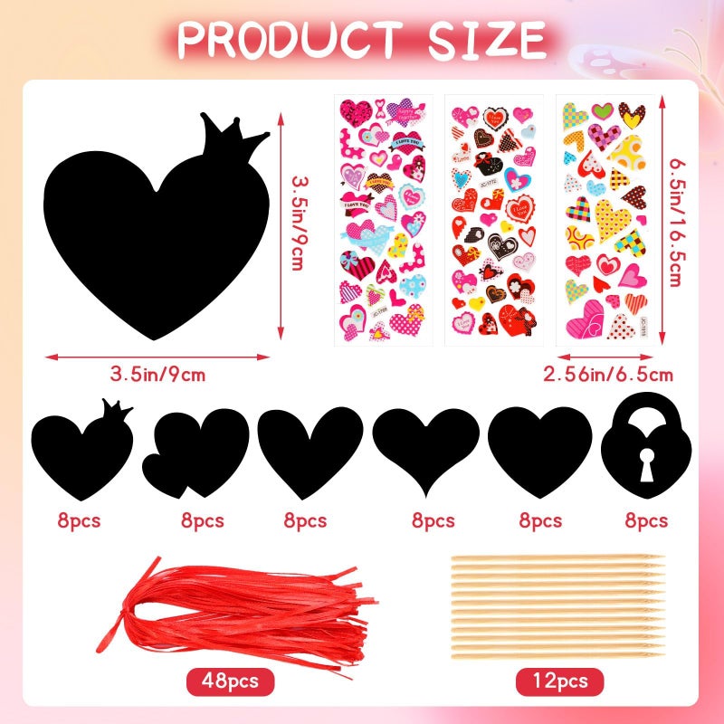 FEBSNOW Valentines Crafts for Kids, 48 PCS Heart Rainbow Magic Scratch Art Day Cards for Kids Classroom Scratch Paper Art for Valentines Day Gifts Party Favors witn Heart Stickers - Image 2