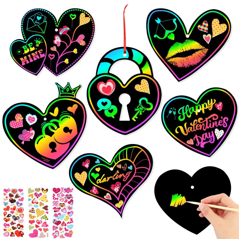 FEBSNOW Valentines Crafts for Kids, 48 PCS Heart Rainbow Magic Scratch Art Day Cards for Kids Classroom Scratch Paper Art for Valentines Day Gifts Party Favors witn Heart Stickers - Image 1