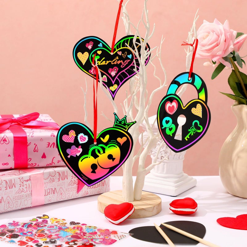 FEBSNOW Valentines Crafts for Kids, 48 PCS Heart Rainbow Magic Scratch Art Day Cards for Kids Classroom Scratch Paper Art for Valentines Day Gifts Party Favors witn Heart Stickers - Image 4