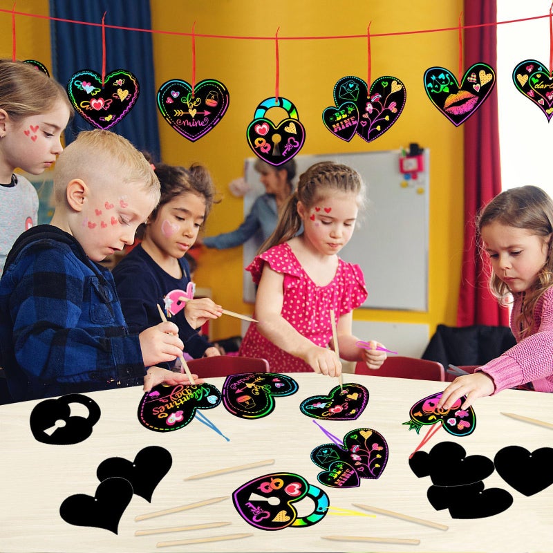 FEBSNOW Valentines Crafts for Kids, 48 PCS Heart Rainbow Magic Scratch Art Day Cards for Kids Classroom Scratch Paper Art for Valentines Day Gifts Party Favors witn Heart Stickers - Image 5