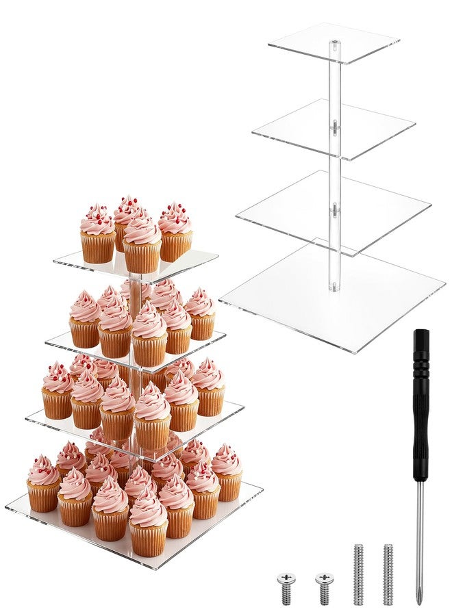 SHENLIU 2 Pack 4 Tier Acrylic Cupcake Stand for 50 Cupcakes, Large Square Cupcake Tower, Clear Acrylic Cupcakes Holder Display Dessert Stand for Birthday, Wedding, Baby Shower, Halloween, Party DéCor - Image 1