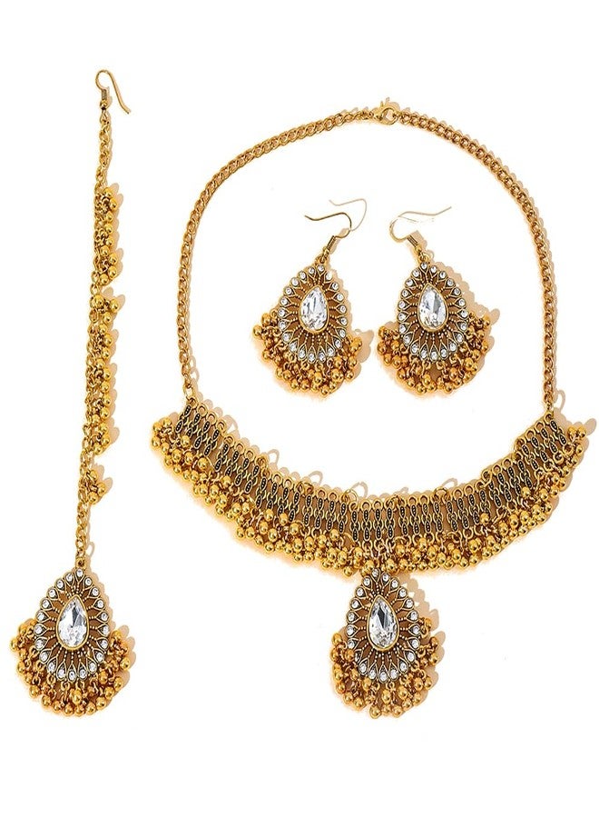 OIDIMS Fashion Choker Necklace Earring Maang Tikka Women's Jewelry Sets Bohemian Jhumka Jhumki Dangle Earrings Pendant Necklaces Crystal Bridal Wedding Mangtika Hair Accessories Jewellery for Ladies (Clear) - Image 1