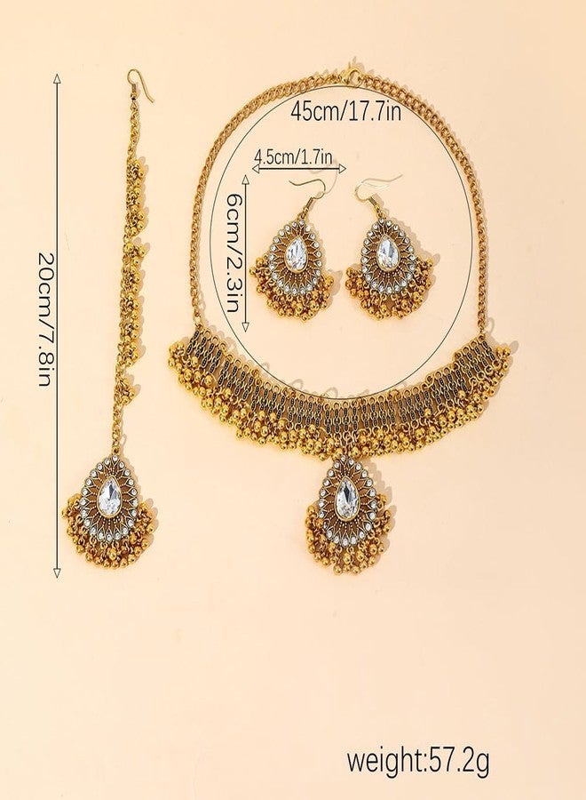 OIDIMS Fashion Choker Necklace Earring Maang Tikka Women's Jewelry Sets Bohemian Jhumka Jhumki Dangle Earrings Pendant Necklaces Crystal Bridal Wedding Mangtika Hair Accessories Jewellery for Ladies (Clear) - Image 4