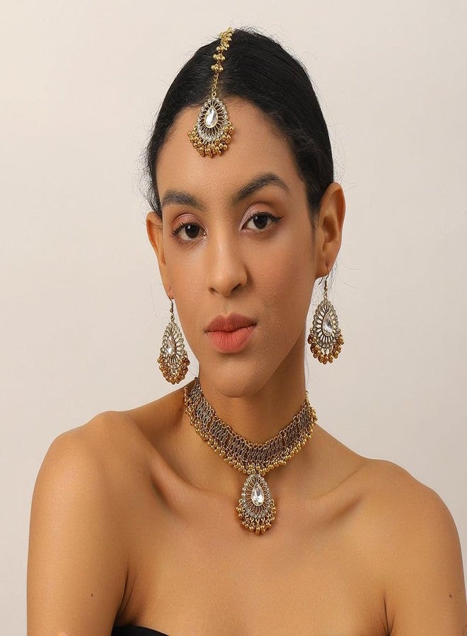 OIDIMS Fashion Choker Necklace Earring Maang Tikka Women's Jewelry Sets Bohemian Jhumka Jhumki Dangle Earrings Pendant Necklaces Crystal Bridal Wedding Mangtika Hair Accessories Jewellery for Ladies (Clear) - Image 2