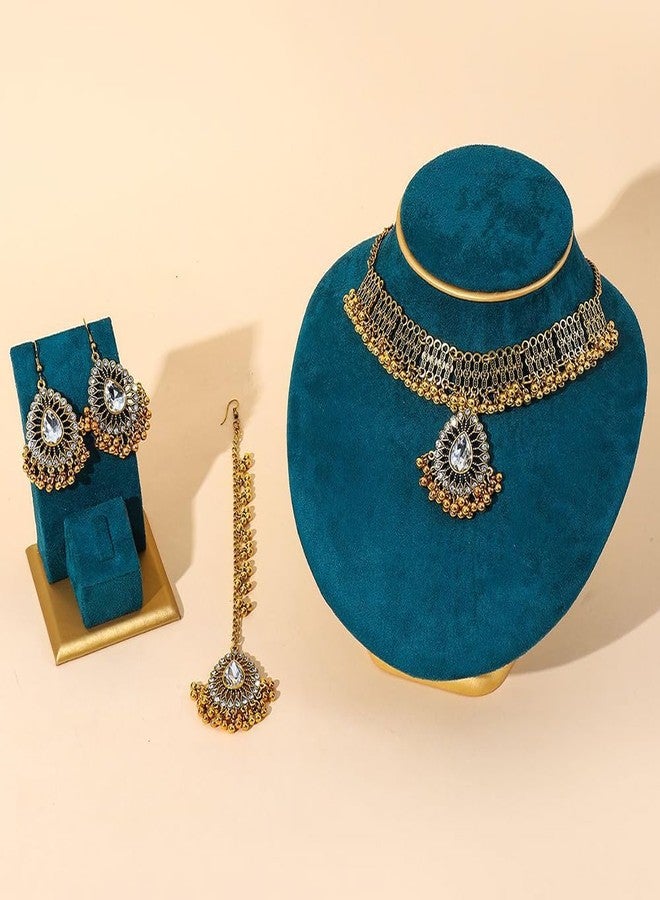 OIDIMS Fashion Choker Necklace Earring Maang Tikka Women's Jewelry Sets Bohemian Jhumka Jhumki Dangle Earrings Pendant Necklaces Crystal Bridal Wedding Mangtika Hair Accessories Jewellery for Ladies (Clear) - Image 5