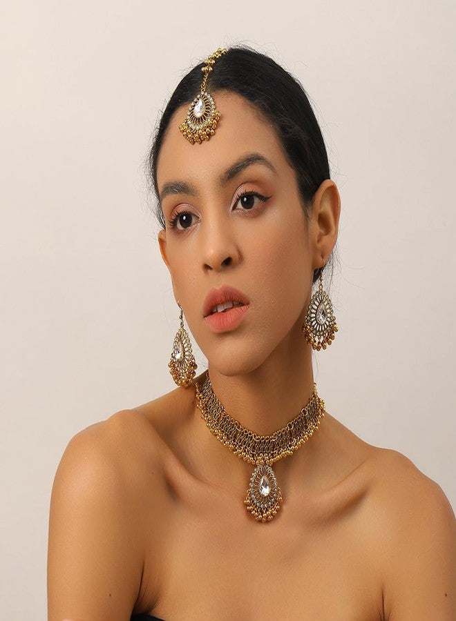 OIDIMS Fashion Choker Necklace Earring Maang Tikka Women's Jewelry Sets Bohemian Jhumka Jhumki Dangle Earrings Pendant Necklaces Crystal Bridal Wedding Mangtika Hair Accessories Jewellery for Ladies (Clear) - Image 3