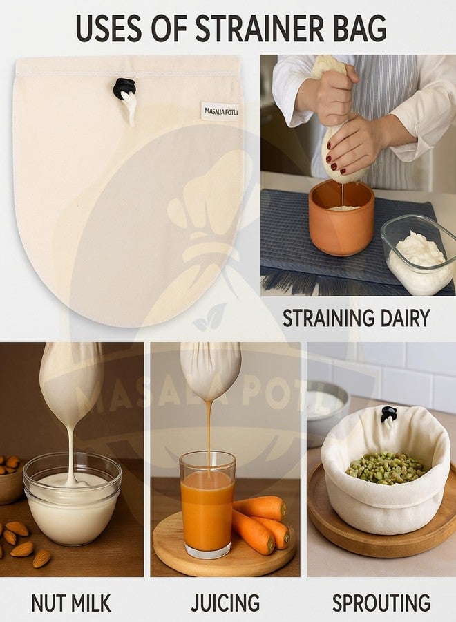 Masala Potli Multipurpose Strainer Bag (Pack of 2) | 100% Cotton Yogurt Maker, Nut Milk, Cold Brew Coffee, Sprouts & Juice Filter | Hung Curd Cloth & Cheesecloth | Washable, Reusable & Eco-Friendly - Image 4