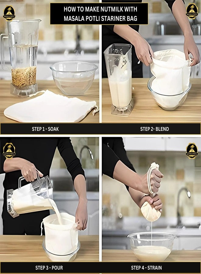 Masala Potli Multipurpose Strainer Bag (Pack of 2) | 100% Cotton Yogurt Maker, Nut Milk, Cold Brew Coffee, Sprouts & Juice Filter | Hung Curd Cloth & Cheesecloth | Washable, Reusable & Eco-Friendly - Image 2