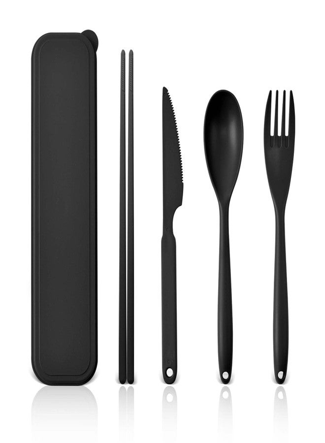 Lnrkai Large Reusable Travel Utensils Set with Case, Plastic Silverware Set for Adults Travel Picnic Camping, Portable Flatware Cutlery Set with Chopsticks for Daily Use(Black) - Image 1
