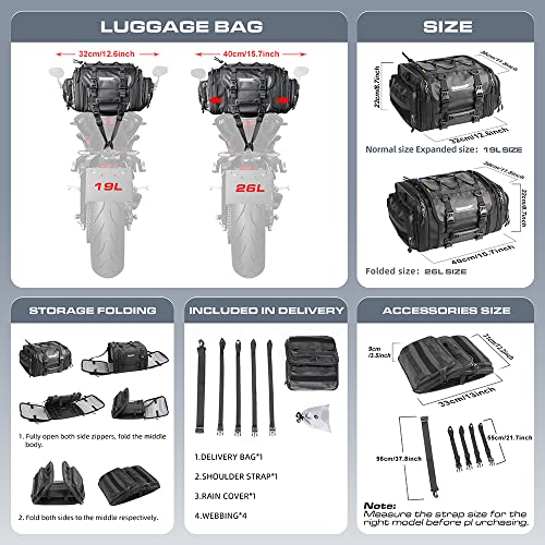 Rhinowalk Motorcycle Saddle Bag Motorbike Tail Bag Waterproof Expandable Pannier Bag Powersports Travel Luggage Black 26L - Image 3