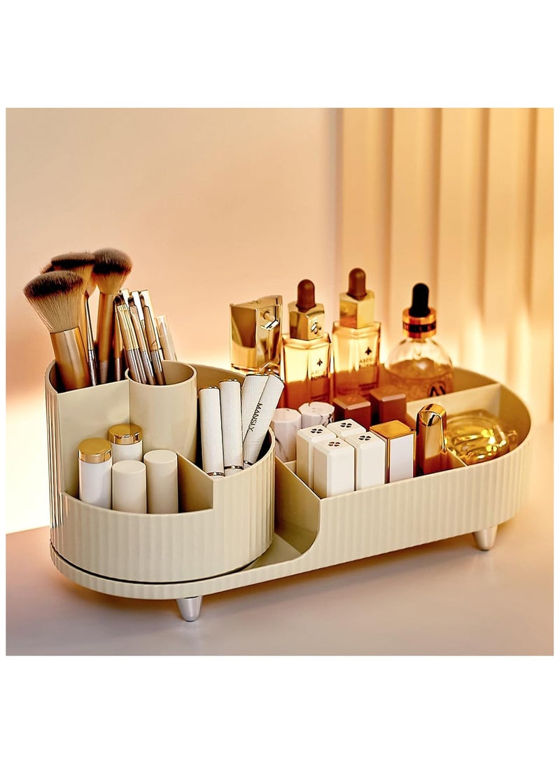 منظم مستحضرات التجميل لطلاء الأظافر والفرش وأحمر الشفاه والمجوهرات | منظم مكياج دوار 360 درجة | كونترتوب لغرفة النوم والحمام (كريمي) - Image 1
