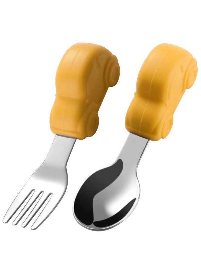 Baby Eating Spoon Short Handle Stainless Steel Car Silicone Fork Spoon Baby Training Tableware Children's Supplementary Food Spoon Package-Specifications:304 Yellow Car + Storage Box - Image 1
