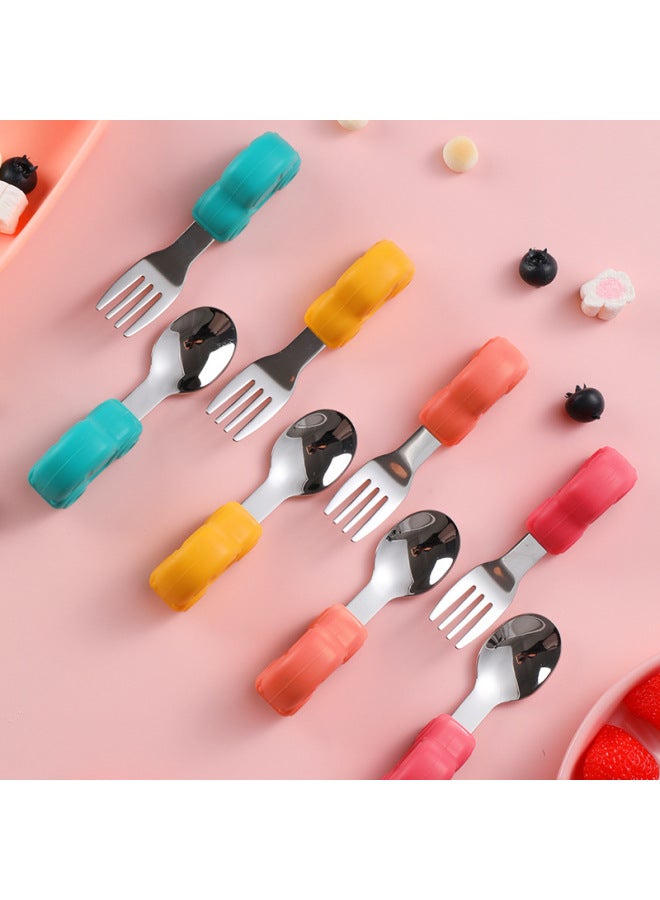 Baby Eating Spoon Short Handle Stainless Steel Car Silicone Fork Spoon Baby Training Tableware Children's Supplementary Food Spoon Package-Specifications:304 Yellow Car + Storage Box - Image 2