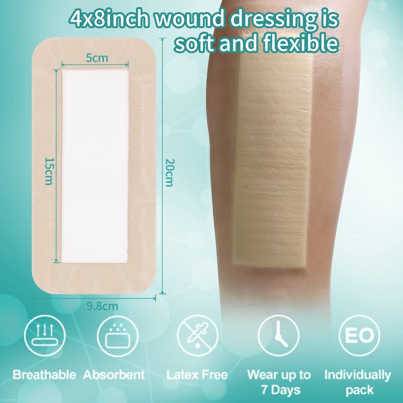 Dimora Silicone Foam Dressing with Border Adhesive 4"x8" Waterproof Wound Dressing Bandage for Wound Care 5 Pack - Image 3