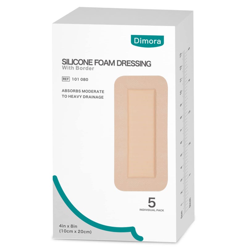Dimora Silicone Foam Dressing with Border Adhesive 4"x8" Waterproof Wound Dressing Bandage for Wound Care 5 Pack - Image 1