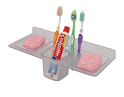 GRAZIA ABS Unbreakable Plastic 4 in 1 Double Soap Dishes with Tumbler and Tooth Brush Holders for Bathroom (13 x 29.22 x 6.5 cm, Clear) - Image 1