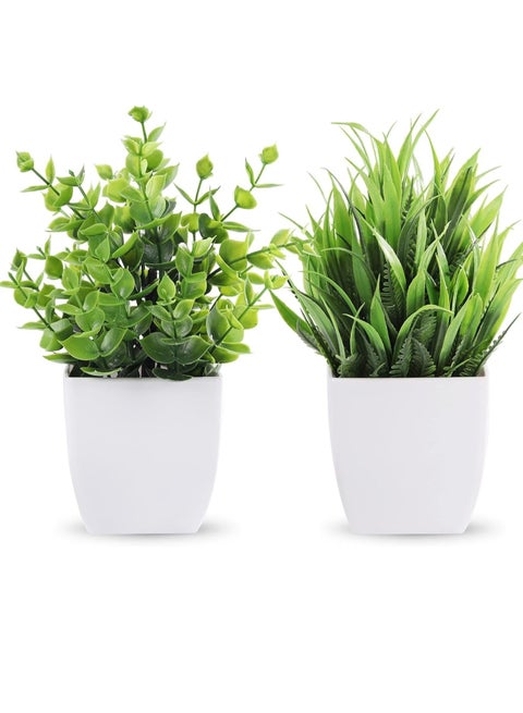 2Pack وهمية بوعاء النباتات الاصطناعية الصغيرة، بوعاء صغير فو العشب الزخرفية النبات مع وعاء أبيض لديكور المنزل، داخلي، مكتب، مكتب، طاولة الديكور (2، أ)