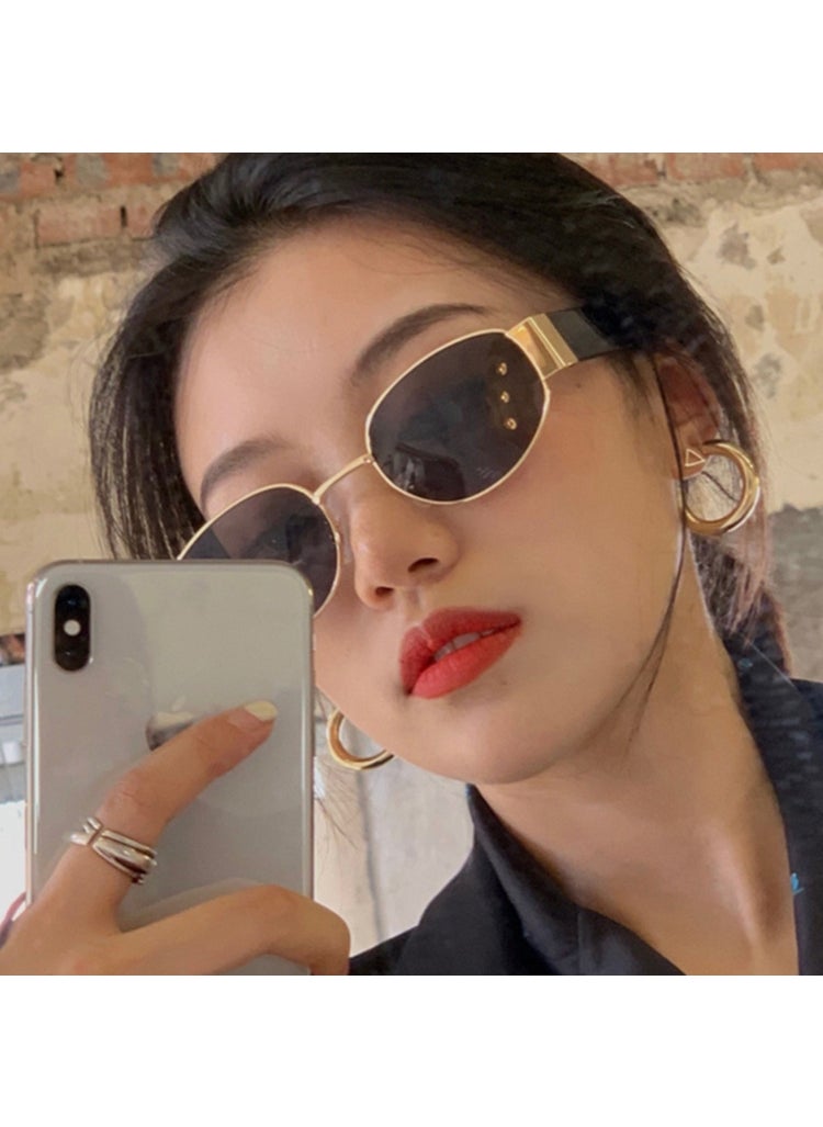 Generic - Internet Celebrity Brown Oval Sunglasses 2020 New Womens European and American ins Retro Small Frame Hip-Hop Bar Didi Sunglasses Silver frame all gray - Image 1