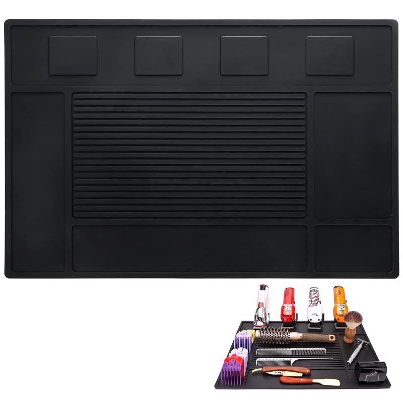 yeesport Barber Tool Organizer Mat Flexible Silicone Barber Tool Pad Magnetic Salon Barbershop Work Station Pad NonSlip Barbershop Counter Mat for Clippers Tools Black